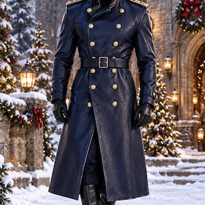 Men's Navy Blue Leather Military Coat, Gold Button Long Trench Coat, Royal Officer Jacket, Luxury Gothic Outerwear