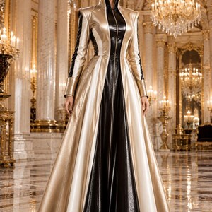 Płaszcz skórzany w kolorze szampańskiego złota, długość do ziemi w kolorze kości słoniowej, Royal Couture