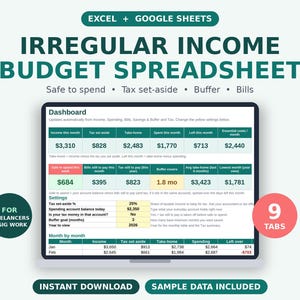 Budgetkalkylblad för frilansare | Oregelbunden inkomstskatt och utgiftsspårare (Excel/Google Sheets)