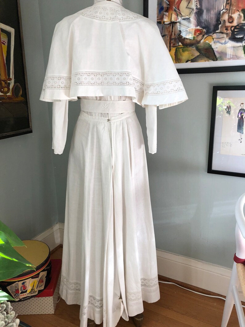 Vintage Edwardian white linen dress with cape all hand embroidered image 7