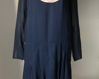 Authentic Vintage 1920s navy blue silk and lace flapper dress