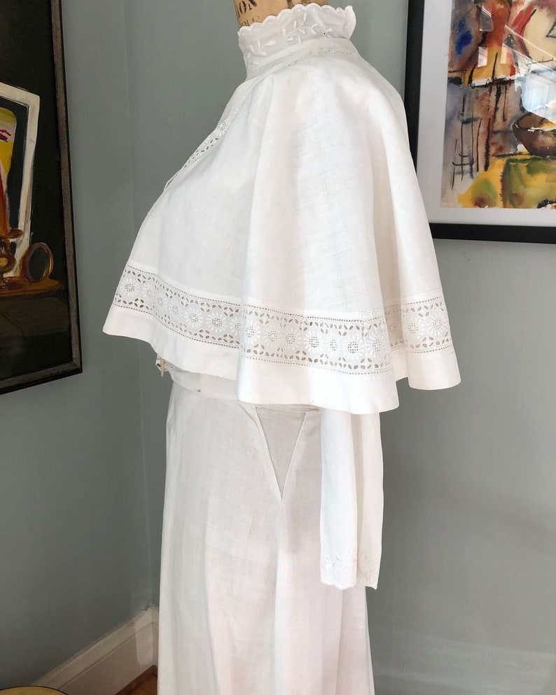 Vintage Edwardian white linen dress with cape all hand embroidered image 4