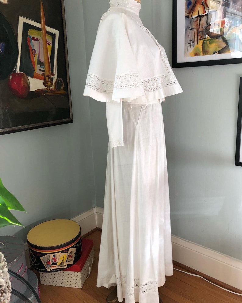 Vintage Edwardian white linen dress with cape all hand embroidered image 8