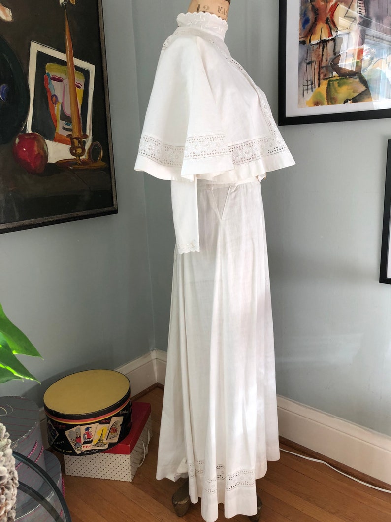 Vintage Edwardian white linen dress with cape all hand embroidered image 3