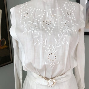 Vintage Edwardian white linen dress with cape all hand embroidered image 1