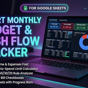 Könnte beinhalten: Ein Laptop zeigt einen digitalen monatlichen Budget- und Cashflow-Tracker für Google Sheets. Der Bildschirm zeigt ein Dashboard mit Einnahmen, Ausgaben und einem Kreisdiagramm. Text: Smart Monthly Budget & Cash Flow Tracker.
