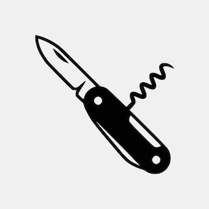 May include: A black and white graphic illustration of a multi-tool pocket knife. The design features a solid black handle with a single extended blade and a corkscrew tool protruding from the side, rendered in a clean, minimalist style.