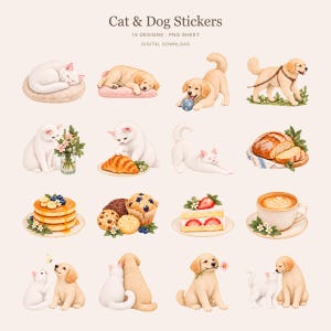 Pode incluir: Uma folha de download digital intitulada Cat & Dog Stickers apresentando 16 ilustrações de gatos brancos e filhotes de golden retriever. As imagens mostram animais de estimação dormindo, brincando, interagindo com comida como panquecas e bolos, e sentados juntos.