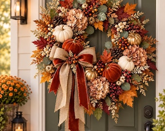 Ghirlanda autunnale di zucche per la porta d'ingresso, decorazione autunnale per il raccolto, ghirlanda del Ringraziamento con foglie d'acero e fiocco rustico