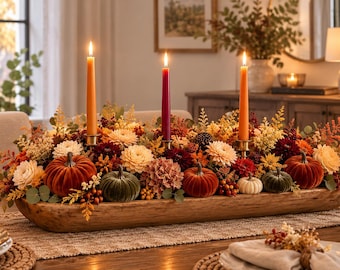 Puede incluir: Un centro de mesa de madera alargado en forma de artesa lleno de calabazas de terciopelo en naranja, verde y blanco, intercaladas con dalias crema y burdeos, follaje seco y tres velas cónicas altas en tonos naranja y rojo oscuro.