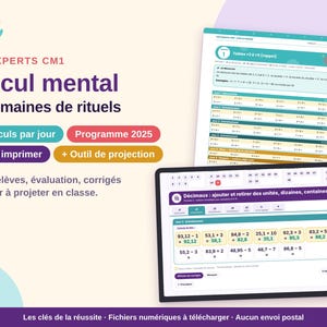 Puede incluir: Recurso educativo digital titulado Les Experts CM1 Calcul mental que incluye 34 semanas de rituales matemáticos, hojas de trabajo PDF imprimibles y una herramienta de proyección. La pantalla muestra ejercicios de decimales.