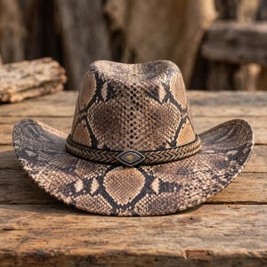 Cowboyhoed van pythonleer met slangenprint, westernhoed met gevlochten band, hoofddeksel met exotisch slangenpatroon, gotische steampunkhoed, cadeau voor hem