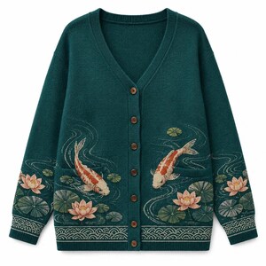 May include: A dark teal V-neck cardigan featuring a button-down front and long sleeves. The knit fabric displays an intricate pattern of orange and white koi fish swimming among pink lotus flowers and green lily pads, with a wave border at the hem.