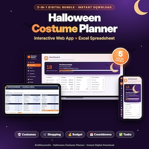 May include: A 2-in-1 digital Halloween Costume Planner bundle featuring an interactive web app and Excel spreadsheet. The interface displays a dashboard with budget, shopping, and task tracking, plus 5 color themes and countdowns.