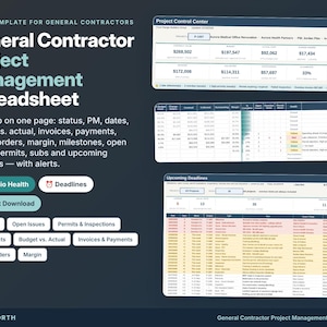 Puede incluir: Una plantilla digital de Excel para contratistas generales con una hoja de cálculo de gestión de proyectos. La interfaz muestra centros de control de proyectos, seguimiento de presupuesto y plazos con alertas y tablas de datos.