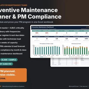 May include: An Excel template for maintenance teams titled Preventive Maintenance Planner & PM Compliance. It features a dashboard with data charts, a list of features including equipment master and task library, and the text Every PM planned. Every miss visible. No macros.