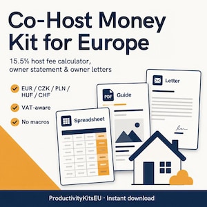 May include: Co-Host Money Kit for Europe digital document set featuring a 15.5% host fee calculator, owner statements, and letters. Includes spreadsheet, guide, and letter templates with EUR, CZK, PLN, HUF, and CHF currency support.