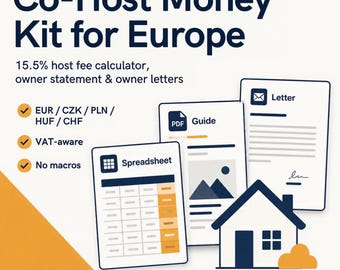 Airbnb Co-host Spreadsheet Europa, 15,5% commissiecalculator, sjabloon eigenaarsoverzicht, commissiecalculator, EUR CZK BTW, Excel Google Sheets