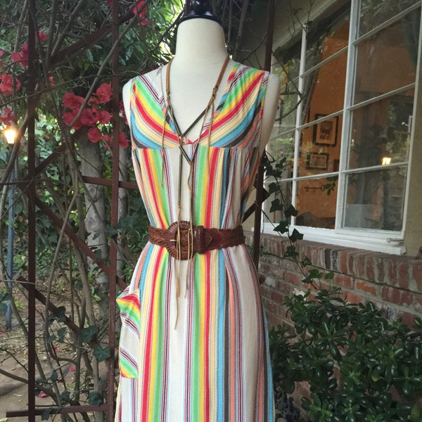 Vintage 70s Striped Rainbow Patio Dress. Retro Knee Length Dress