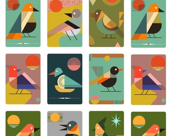 Mid Century Bird Note Cards with Envelopes: Minimalist Retro Greeting Card Design on Linen Cardstock