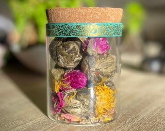 Blooming Tea Balls with Loose Tea Flowers/Gift for Tea Lovers/Tea in a Corked Reusable Jar/Blooming Flower Tea/Tea Gifts/Herbal Variety Tea