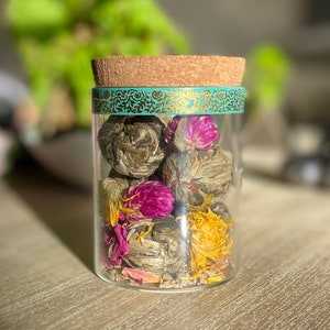 Blooming Tea Balls with Loose Tea Flowers/Gift for Tea Lovers/Tea in a Corked Reusable Jar/Blooming Flower Tea/Tea Gifts/Herbal Variety Tea image 1