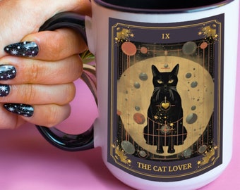 CAT LOVER MUG/Cat Tarot Card/Funny Gift For Cat Lover/Crazy Cat Lady/Cat Mom/Cat Owner/Large Coffee Mug/Spiritual/Witchy/Spells/Black Cat