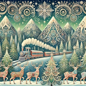 Starry Night Christmas Card Set/Reindeer/Christmas Trees/Snow/Scandinavian Christmas Greeting Cards/Winter Scene/Your Printed Message
