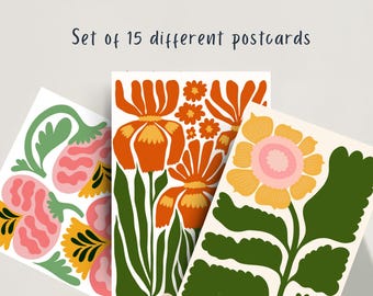 Mid-Century Modern Floral Postcards: Colorful Art Stationery Set (15 Pack)