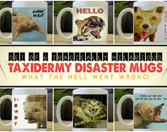 TAXIDERMY DISASTER MUGS Set of 6 or Purchase Less. Six Tragically Hilarious Mugs. Gift for Those who Like Humor as Dark as Their Coffee.