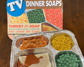 SOAPS in TV DINNER Packaging/4 Soaps in Set/Retro Gifts/Peas, Carrots, Macaroni and Cheese, Turkey and Gravy/Father's Day Gift/Funny Soaps