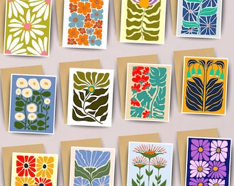 Blank Greeting Card Set of 12 with Envelopes, Mid Century Flowers Abstract Boho Style