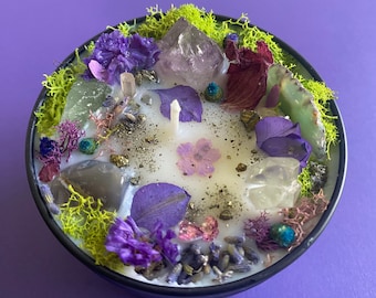 Crystal Candles with Flowers/Floral Intention Candles/Friendship Candle/Love/Quartz/Healing Candles/Soy/4 or 8 oz /Choose Your Colors