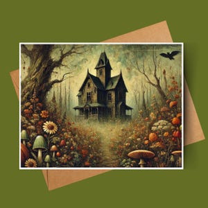 May include: A dark green, wooden house with a porch and a path leading to it. The house is surrounded by a field of colorful flowers and mushrooms.