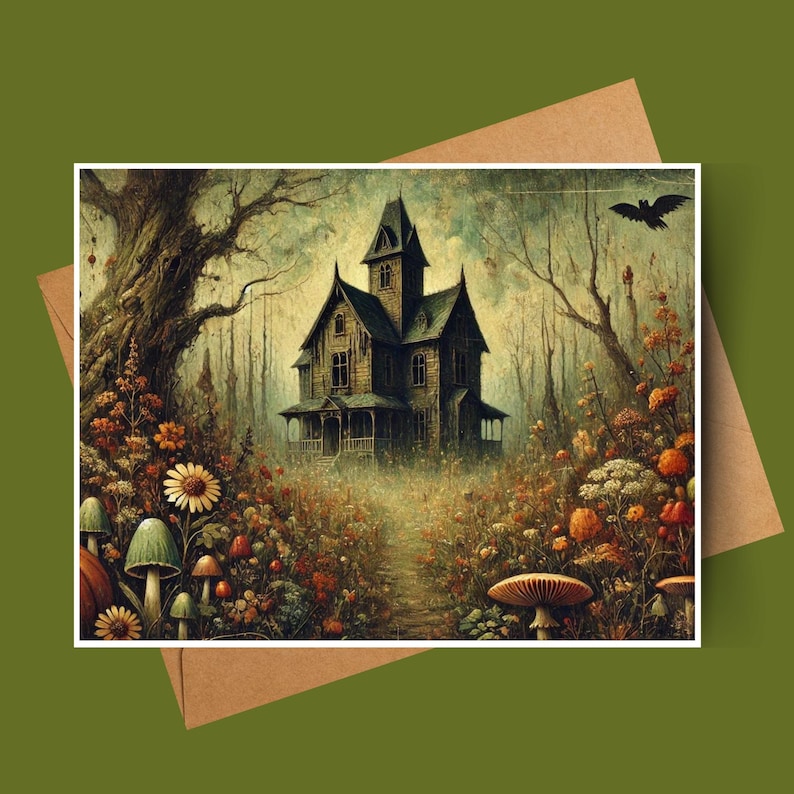 May include: A dark green, wooden house with a porch and a path leading to it. The house is surrounded by a field of colorful flowers and mushrooms.