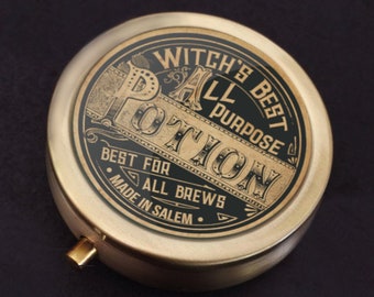PILL BOX Witch's Potion/Funny Pill Box/Medication Storage/Vitamin Holder/SMALL Travel Size Pill Box/1.9" Diameter/Metal Pill Box/Metal Box