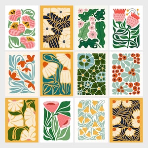 May include: Twelve colourful floral illustrations with different patterns and colour combinations. Each illustration features a variety of flowers, leaves, and stems in a stylised design.
