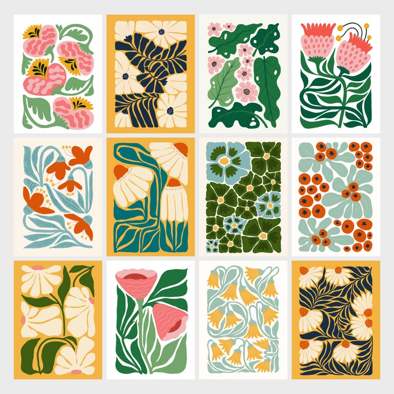 May include: Twelve colourful floral illustrations with different patterns and colour combinations. Each illustration features a variety of flowers, leaves, and stems in a stylised design.
