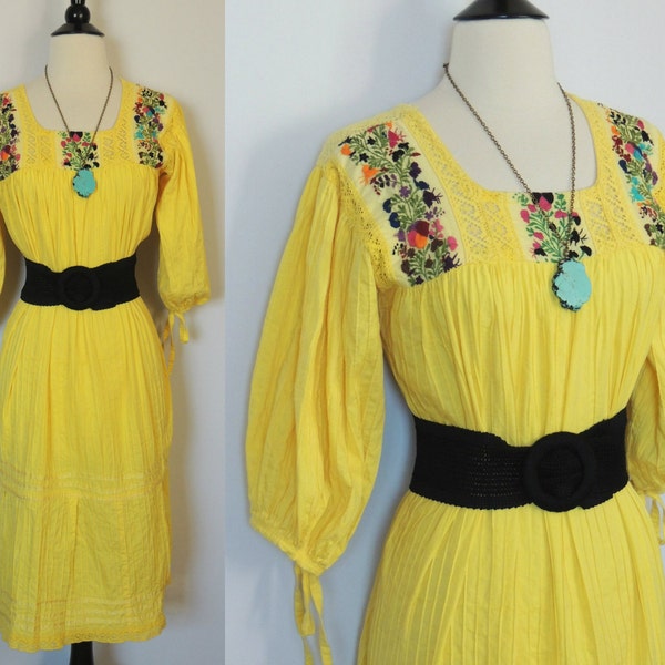 SALE TODAY ONLY Vintage Mexican Oaxacan Embroidered Dress. Poet Sleeves. Crochet Detail. Pintucked