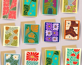 Floral Blank Greeting Card Set - Dopamine Assorted Mid Century Modern Stationery with Envelopes