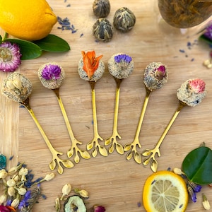 Blooming Tea Ball on Gold Spoon: Honey-Bathed Herbal Tea Bomb