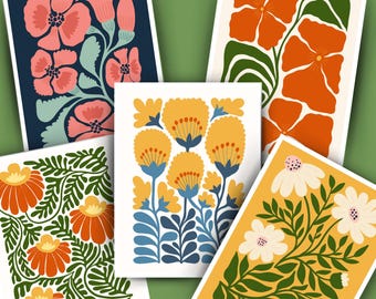 Mid Century Modern Floral Note Card Set: Colorful Stationery with Kraft Envelopes