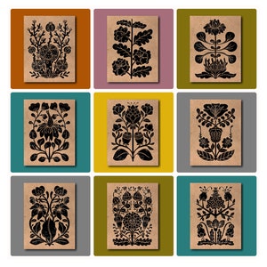 May include: Nine printable cards featuring black and white floral illustrations on a brown background. Each card has a different floral design.