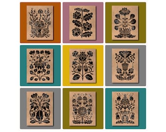 Floral Blockprint Note Cards on Kraft Paper with Envelopes