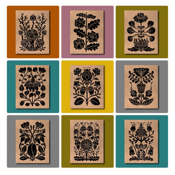 Wild Flower NOTECARDS/Blockprint Floral Note Cards on Kraft/24Blank Inside Card/Thank you Card/Minimalist Note Card/Card Set with Envelopes