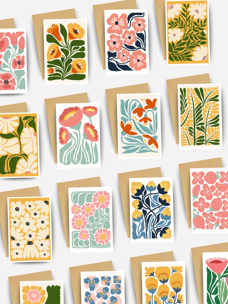 Set of 16 Floral Notecards: Mid Century Modern Blank Stationery - Etsy