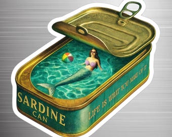 Sardine Tin Can with Fun Mermaid Sticker: Waterproof Vinyl Art - Fish in Tinned Can