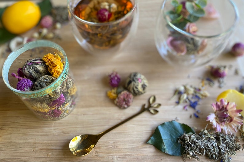 Blooming Tea Balls with Loose Tea Flowers/Gift for Tea Lovers/Tea in a Corked Reusable Jar/Blooming Flower Tea/Tea Gifts/Herbal Variety Tea image 5