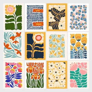 May include: A set of 12 digital printable cards featuring colourful floral illustrations in a retro style. The cards feature various floral patterns and colours, including yellow, blue, green, red, and white.