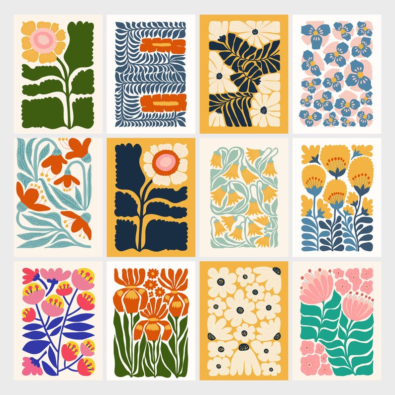 May include: A set of 12 digital printable cards featuring colourful floral illustrations in a retro style. The cards feature various floral patterns and colours, including yellow, blue, green, red, and white.